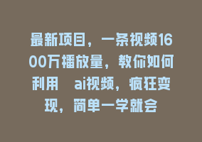 最新项目，一条视频1600万播放量，教你如何利用 ai视频，疯狂变现，简单一学就会868网课-868网课系统868网课系统