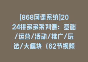 [868网课系统]2024拼多多系列课：基础/运营/活动/推广/玩法/大模块（62节视频课）868网课-868网课系统868网课系统