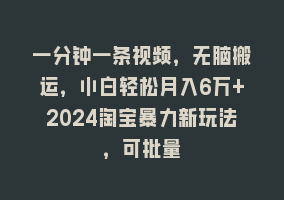 一分钟一条视频，无脑搬运，小白轻松月入6万+2024淘宝暴力新玩法，可批量868网课-868网课系统868网课系统