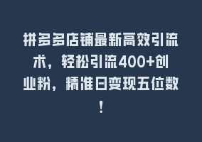 拼多多店铺最新高效引流术，轻松引流400+创业粉，精准日变现五位数！868网课-868网课系统868网课系统