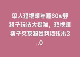 单人短视频年赚60w野路子玩法大揭秘，短视频搭子交友超暴利捡钱术3.0868网课-868网课系统868网课系统